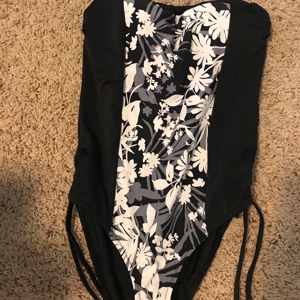 Black and White Floral One Piece Swimsuit with Lace-Up Sides